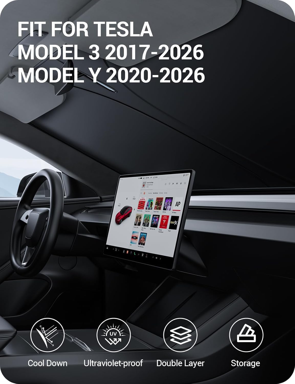 BASENOR 2017-2026 Tesla Model Y Model 3 Windshield Sunshade, (Proprietary Design) Folding Front Window Sun Shade Full Cover, Heat UV Protection Visor Accessories