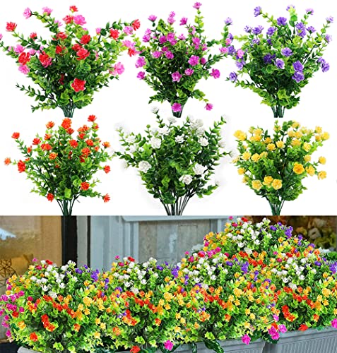 Gomild Künstliche Blumen, 12 Stück Bunte UV-beständige Kunstblumen Kunststoff Faux Grün Sträucher Pflanzen, zum Aufhängen und Indoor Vase, 6 Farben Cover