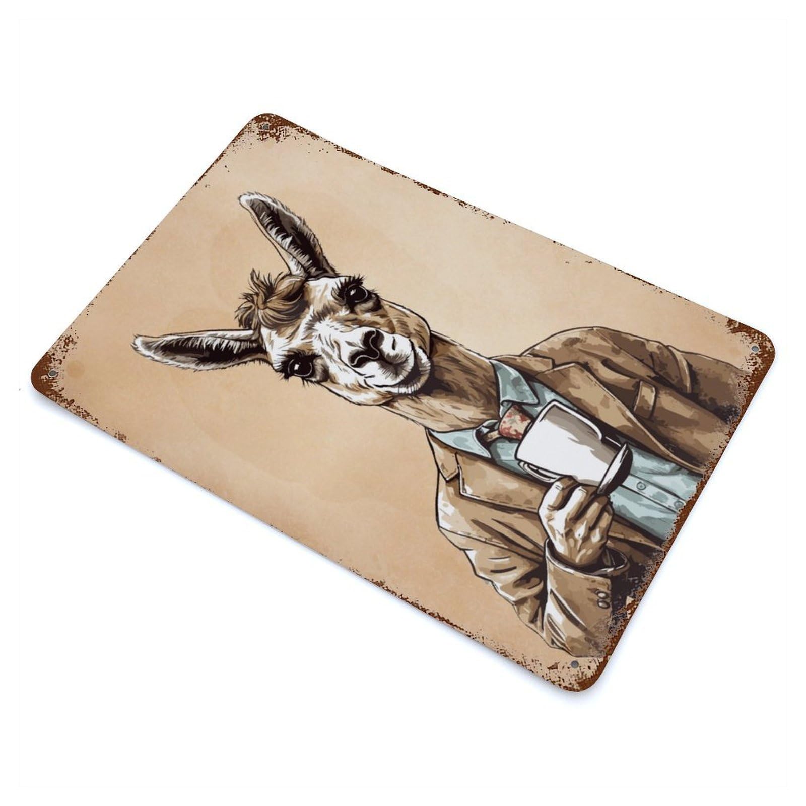 Coffee Llama Vintage Wall Sign 11.8"x7.9", Rust Effect Metal Decor for Living Room, Hallway And Home Decor