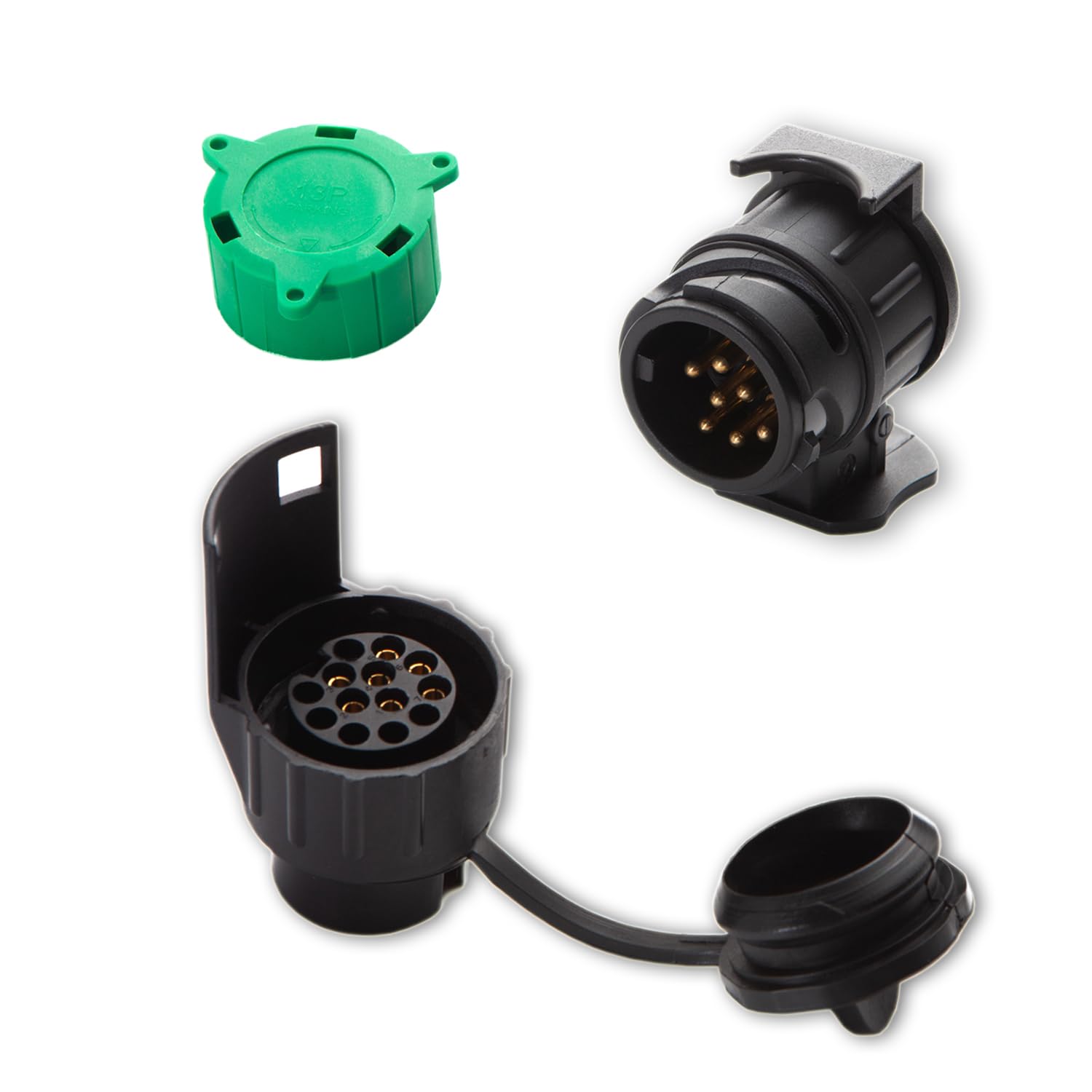 Adaptador de Remolque de 7 a 13 Pines y Adaptador de Remolque de 13 a 7 Pines - 12V - ISO 1724 e ISO 11446 - para Caravana Remolque Automóvil - Cubierta De Goma + Tapa Verde