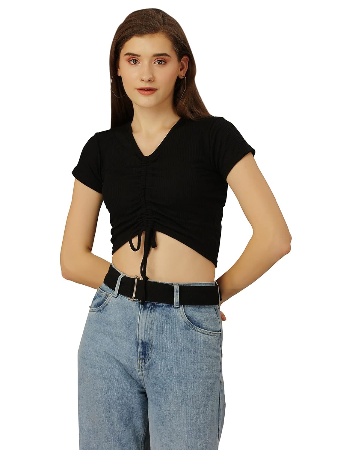 SXV STYLE Solid Black v-Neck Drawstring Ribbed Crop Top-image-33
