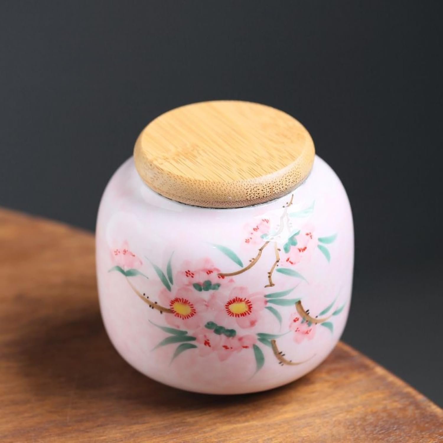 Hand-drawn Peach Blossom Ceramics Tea Canister, 50ml 1.7oz, Sealed Jar Household Storage Tank