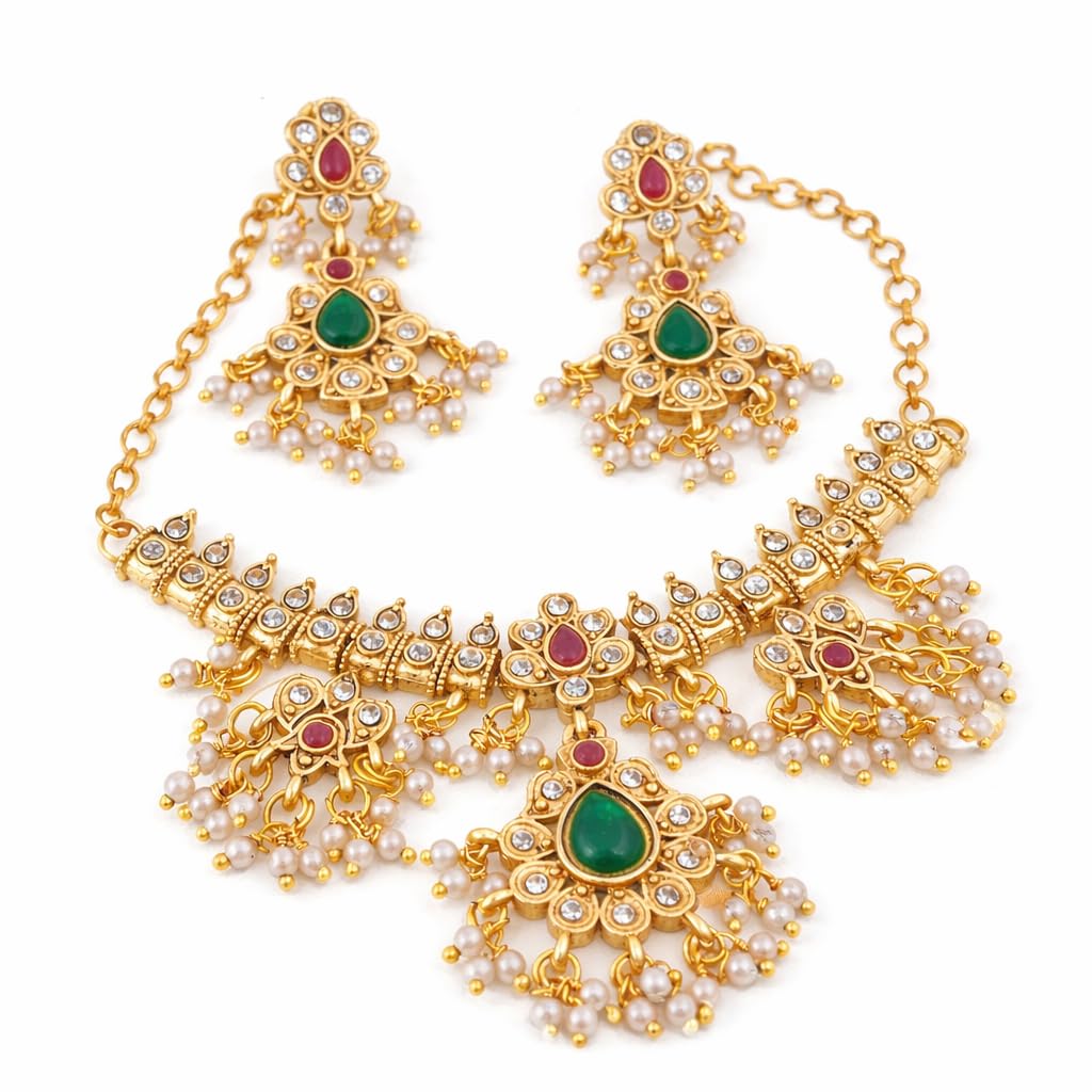 dvina glow Traditional Gold Plated Kundan Choker Necklace Set for Women | Green Teardrop Stone, Ruby Accent & Pearl Drop Temple Jewellery | Bridal Wedding Festive Jewellery Set with Earrings-picture-21