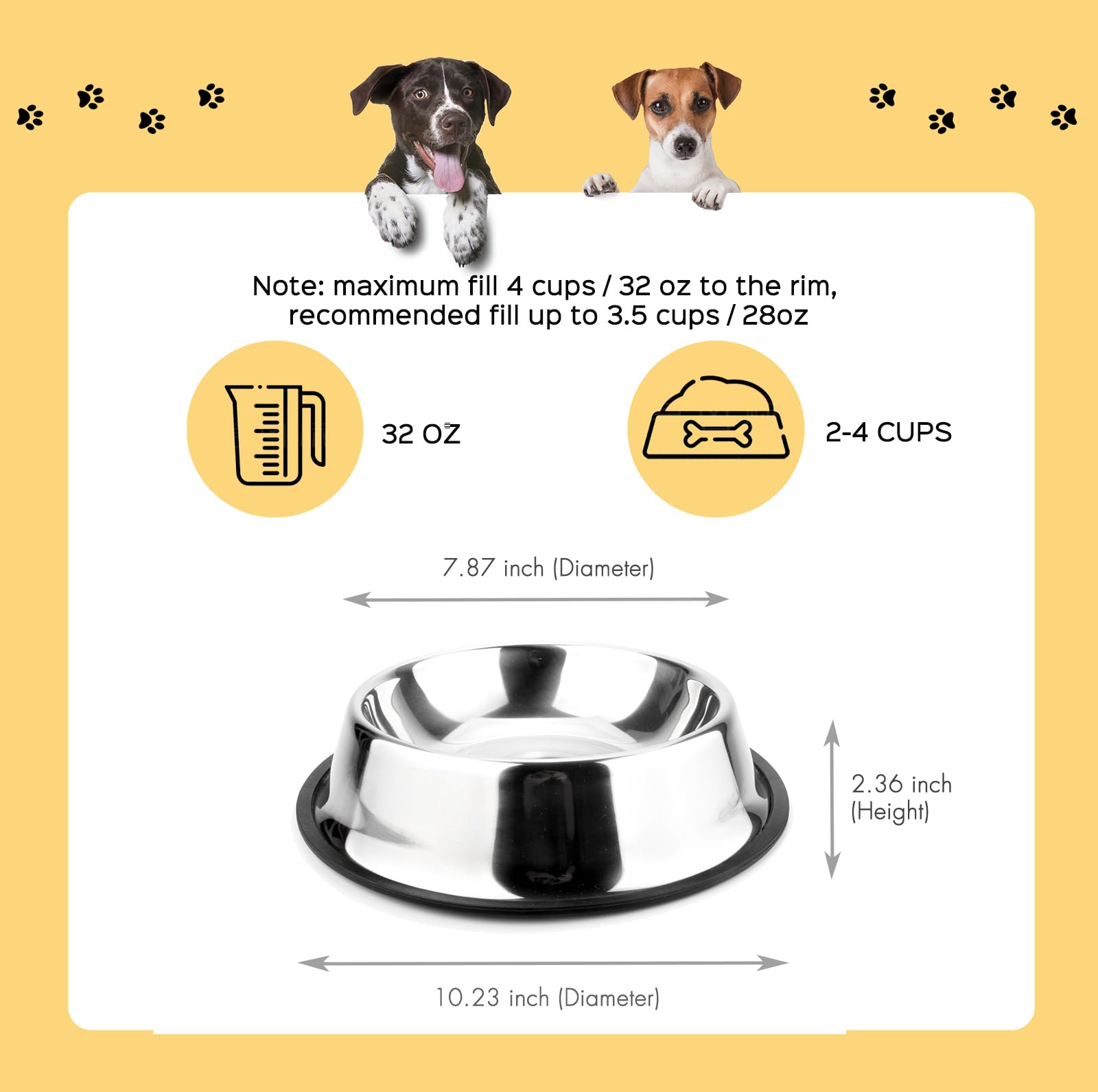 NAJOR Cuenco de acero inoxidable para perros, juego de 2 cuencos de comida para perros, cuenco antideslizante para mascotas y cuenco de agua, capacidad para hasta 32 onzas/4 tazas. Elección perfecta