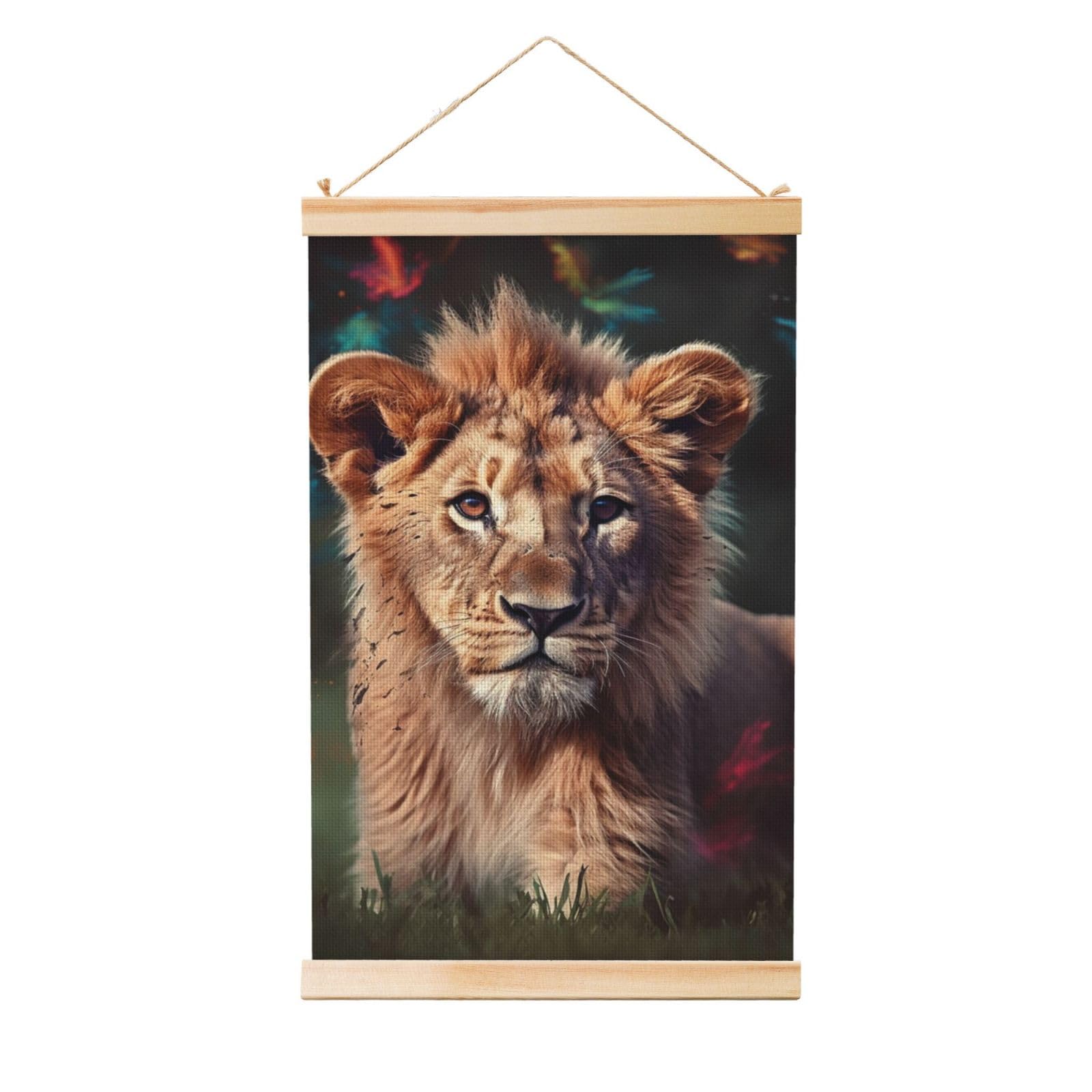 Art Lion Poster Wooden Shaft Hanging Poster Wall Hanging Banner Canvas Artwork with Wood Frames 20"x30" Modern Artwork Decor Ready to Hang Wall Art for Home Decor Scroll Painting