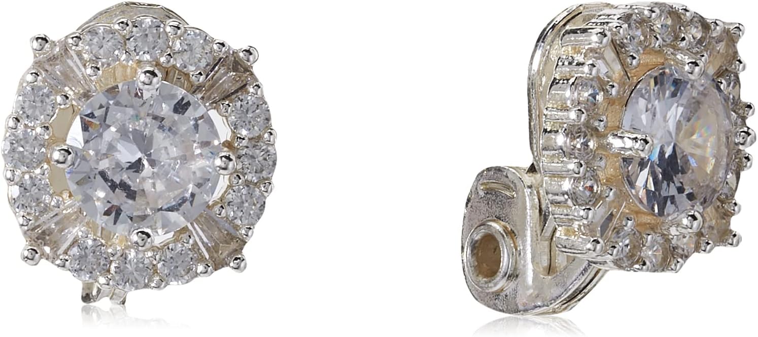 Classics Sivler Tone Pave Cz Button Clip On Earrings