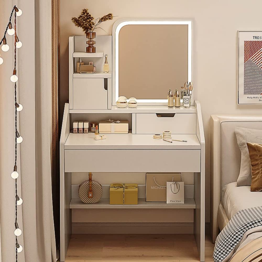 asdchZen White Vanity Desk With Adjustable Lighted Mirror Drawer And Shelves Ideal Makeup Vanity Table For Bedroom Studio 27.6" Length White,White-Length:60cm/23.6