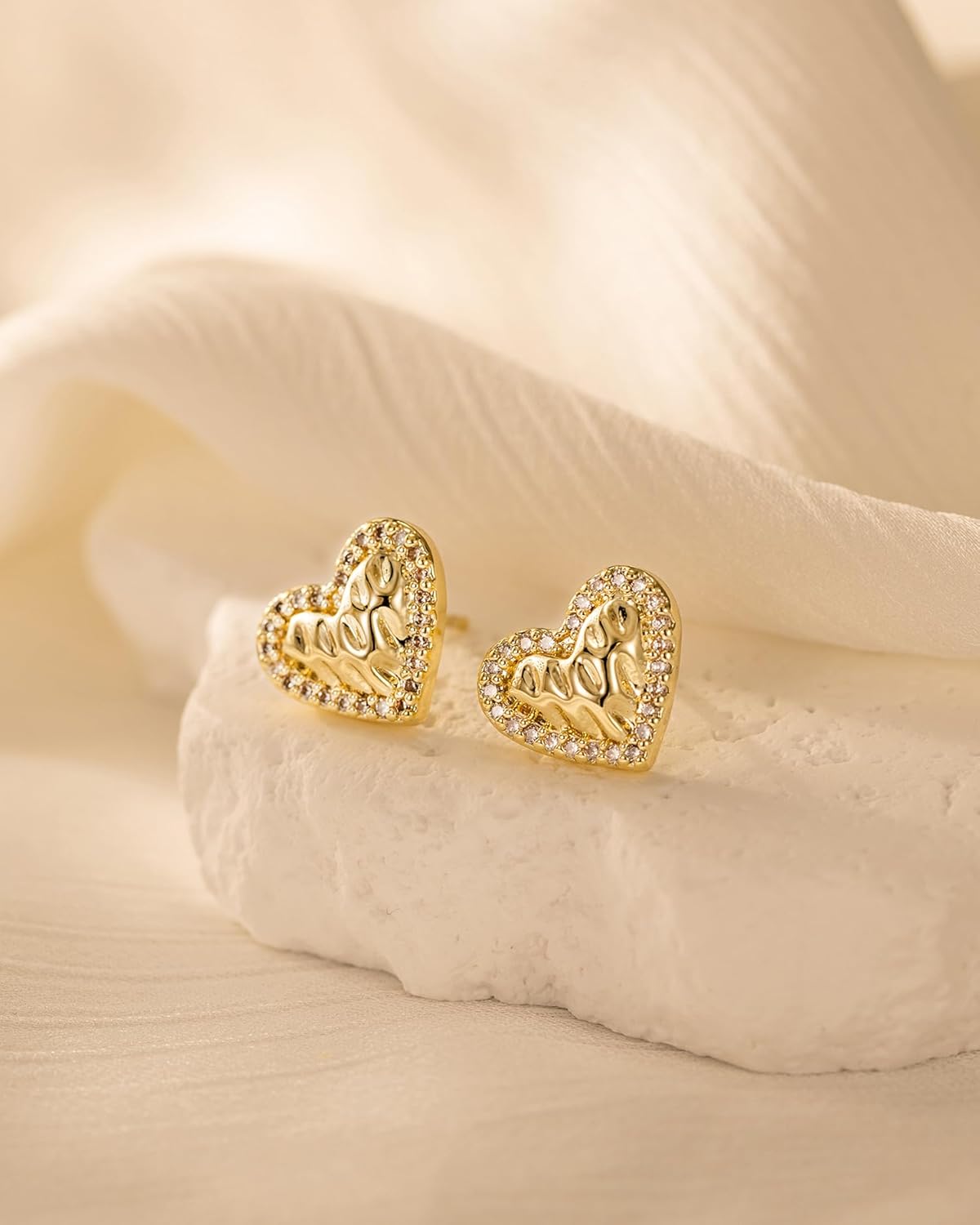 Heart Earrings - 14K Gold/White Gold Plated Love Sparkle Cubic Zirconia Accented Halo Designed Heart Stud Earrings for Women Party Wedding - Image 4