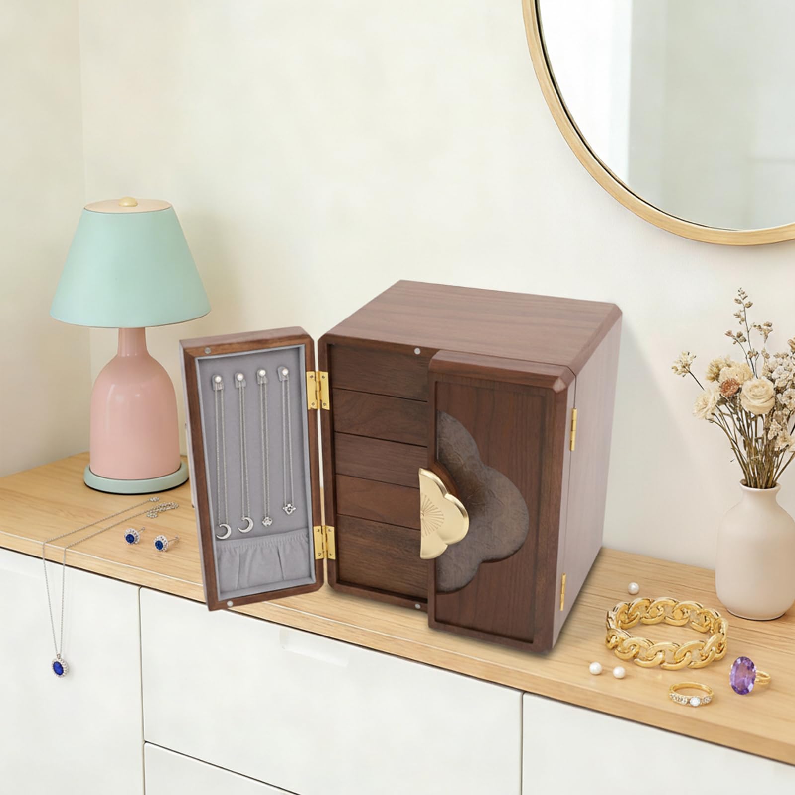 Drewniana szkatułka na biżuterię w stylu vintage, z 5 szufladami, organizer na biżuterię, duża szkatułka na biżuterię, na pierścionki, naszyjniki, kolczyki, bransoletki, bransoletki