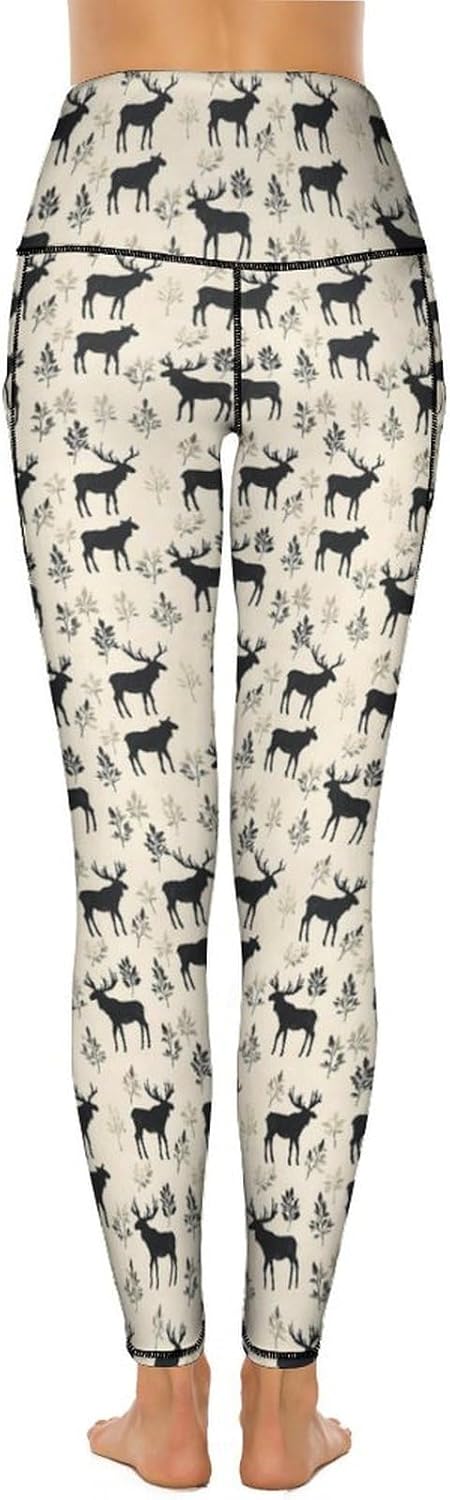 Plant Elk Silhouette Print Leggings for Women - High Waisted Yoga Pants Gym Workout Leggings with Pockets