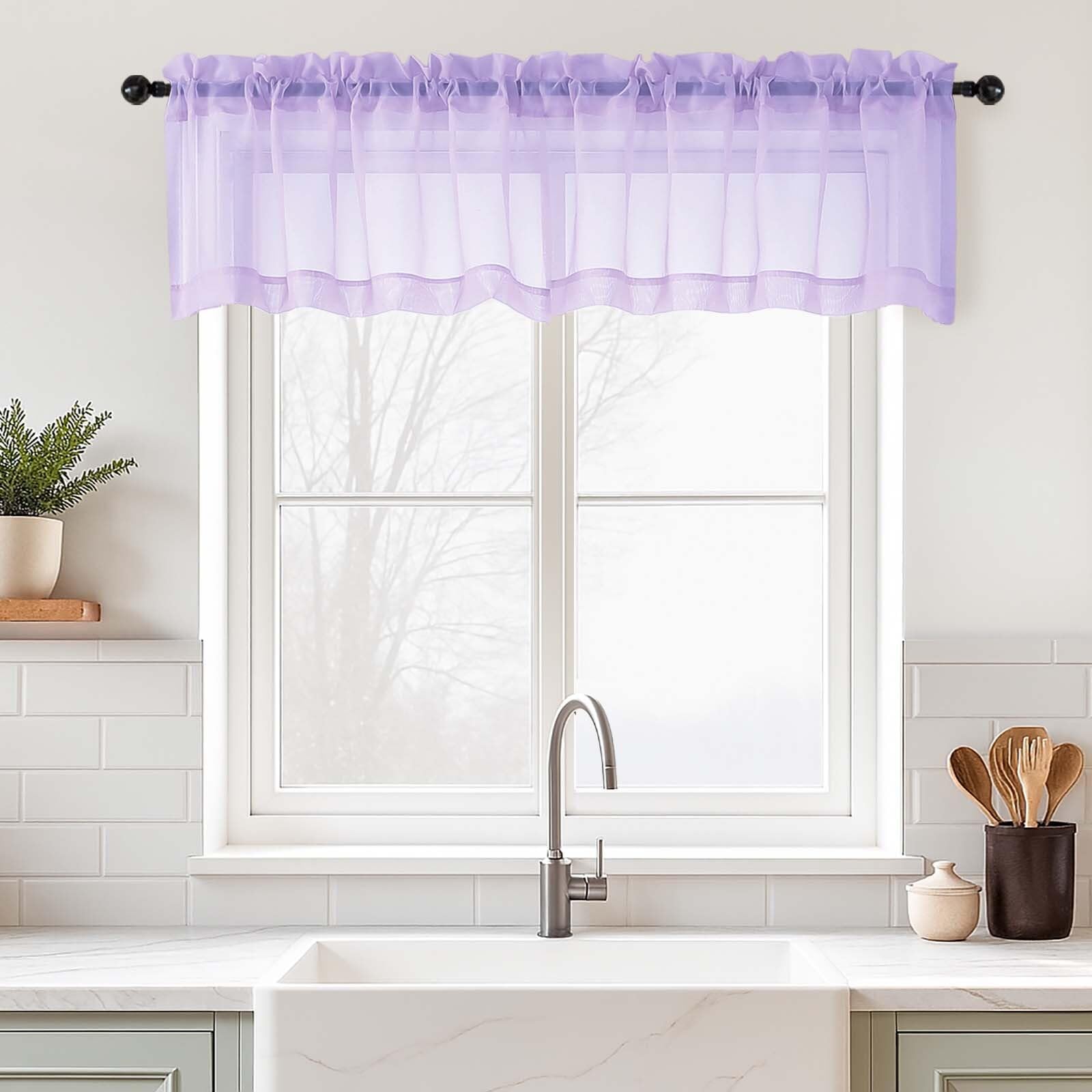 Ebesto Valances for Windows 14 inch Length 2 Panels, Small Voile Sheer Curtains for Bathroom, Soft Fabric Lightweight Light Filtering Kitchen Curtains, Dual Rod Pocket, Lavender, 2x42Wx14L Inches