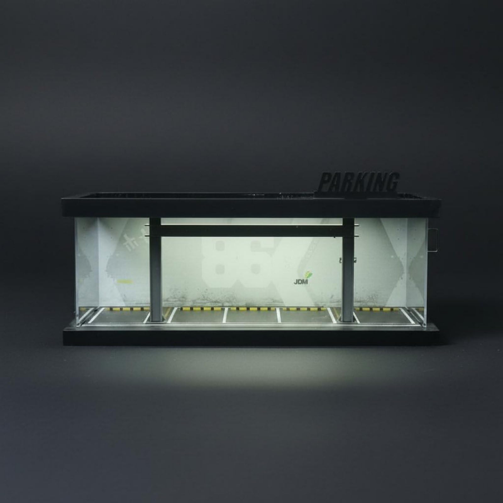 Parkhaus Modellauto Vitrine Diorama Garage Sammelvitrine Modellgarage Miniaturparkhaus Acrylgehäuse Staubschutz Display, Garagen-Stil, Beleuchtet, Montage, D-Modell