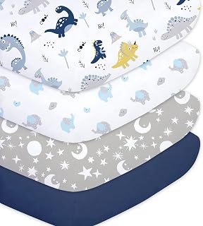 Plushii 4-Pack Extra Soft Microfiber Crib Sheets for Baby Boys - Dinosaur, Elephant, Stars & Navy Blue, Fits 28x52 Standard Crib & Toddler Mattresses