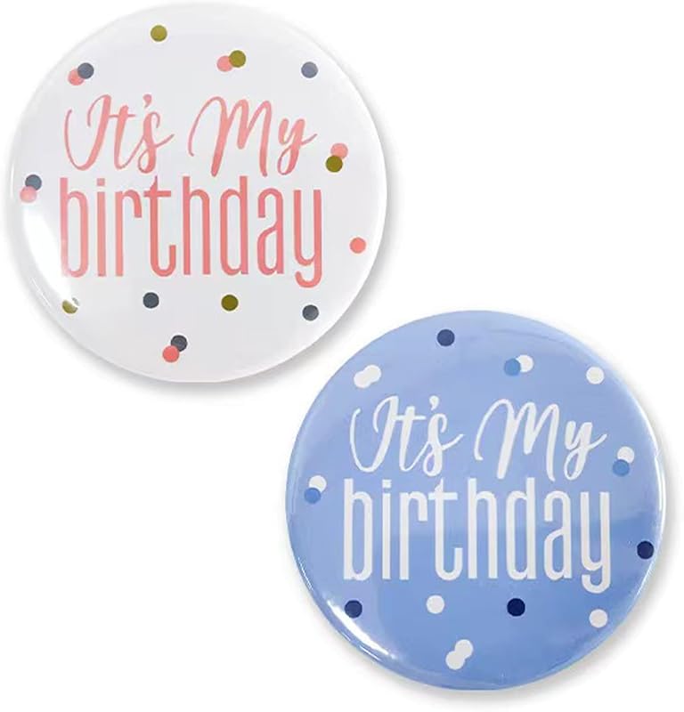 2 alfileres de feliz cumpleaños, insignia de es mi cumpleaños, alfileres de fiesta para adultos, niños, hombres o mujeres, decoraciones de fiesta (azul, blanco y rosa blanco)