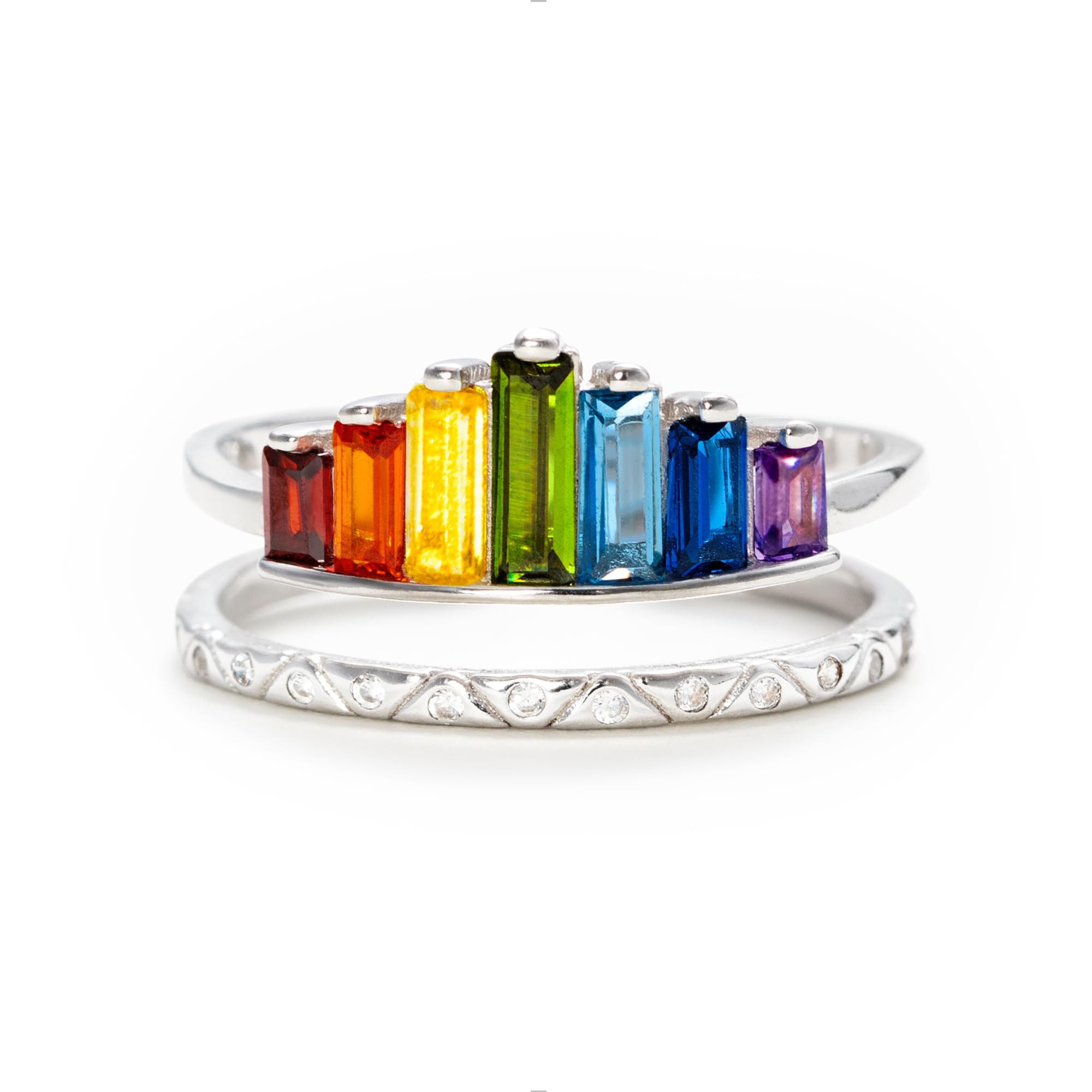 STORYJEWELLERY Rainbow Ring, Colorful Rings for Women, 925 Sterling Silver Adjustable Rings for Women, Double Band Baguette Ring, Womens Gifts