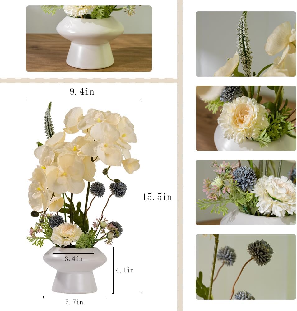 LESING Fake Orchids Flowers Arrangement in Pot,Faux Silk Orchid Artificial Flower Plant with Ceramic Vase for Table Home Decor (White Vase,White)