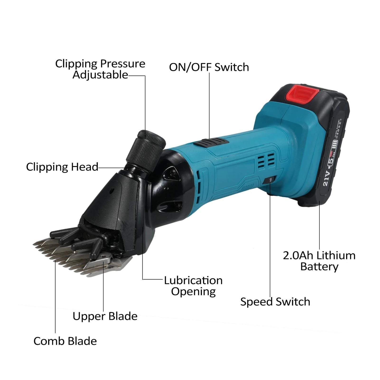 Tosatrice elettrica for pecore 500 W 2400 giri/min Tosatrice ricaricabile professionale 21 V con 6 velocità for la rasatura della lana di pelliccia nelle pecore Utilizzo multiplo(1 Battery)