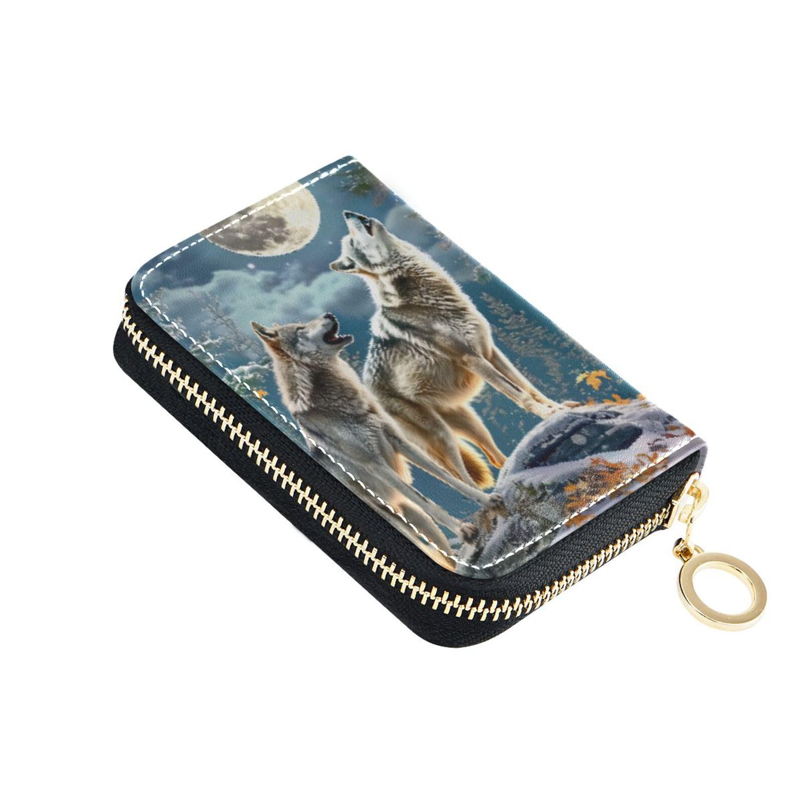 Sletend RFID Credit Card Holder Wolfs Full Moon Leather With Zipper Card Case Wallet for Women Girls