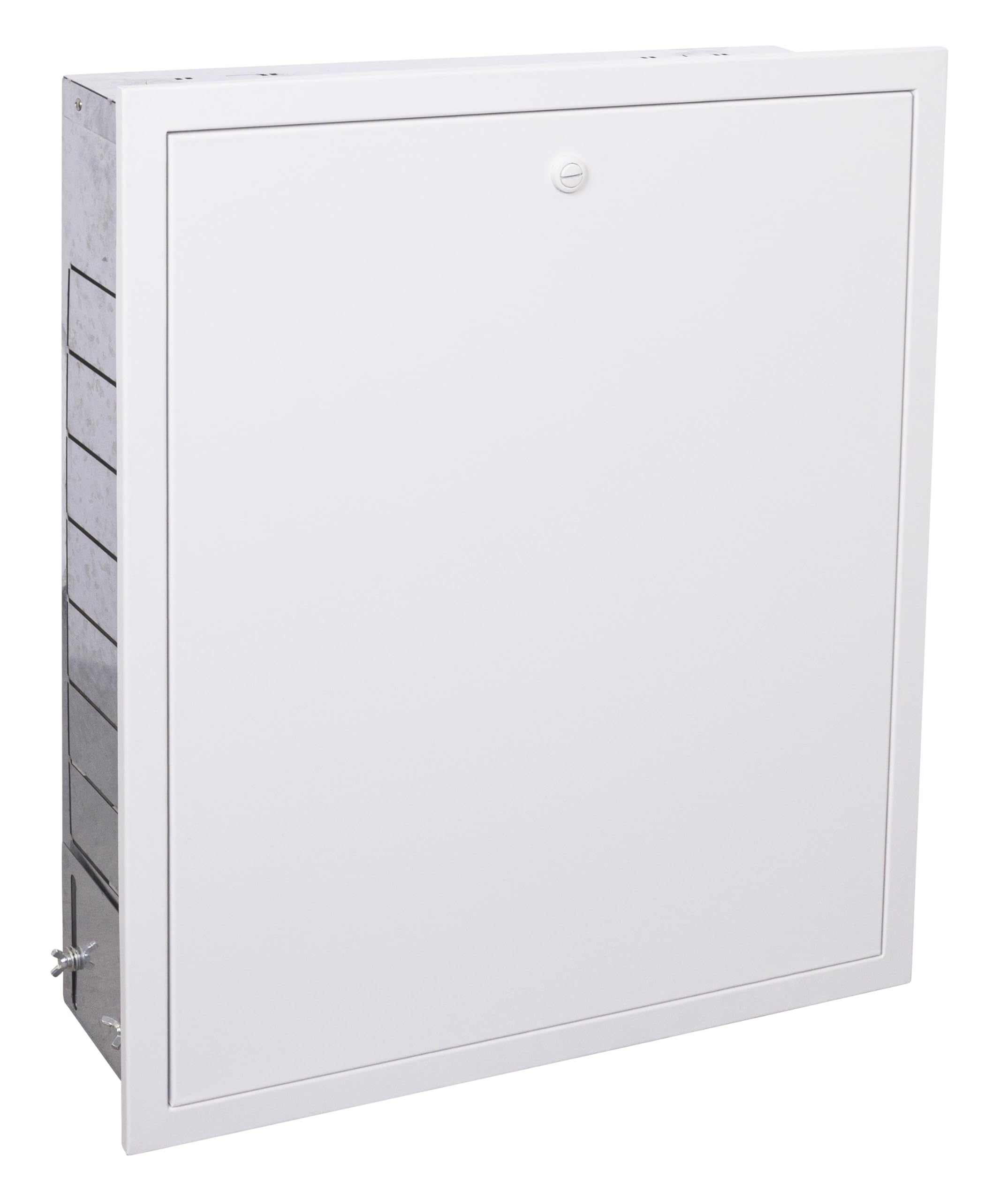 Coffret métal encastrable pour collecteurs de 2 à 6 départs avec un système d’ouverture rapide et une porte amovible, pour une installation discrète dans le mur NOYON & THIEBAULT