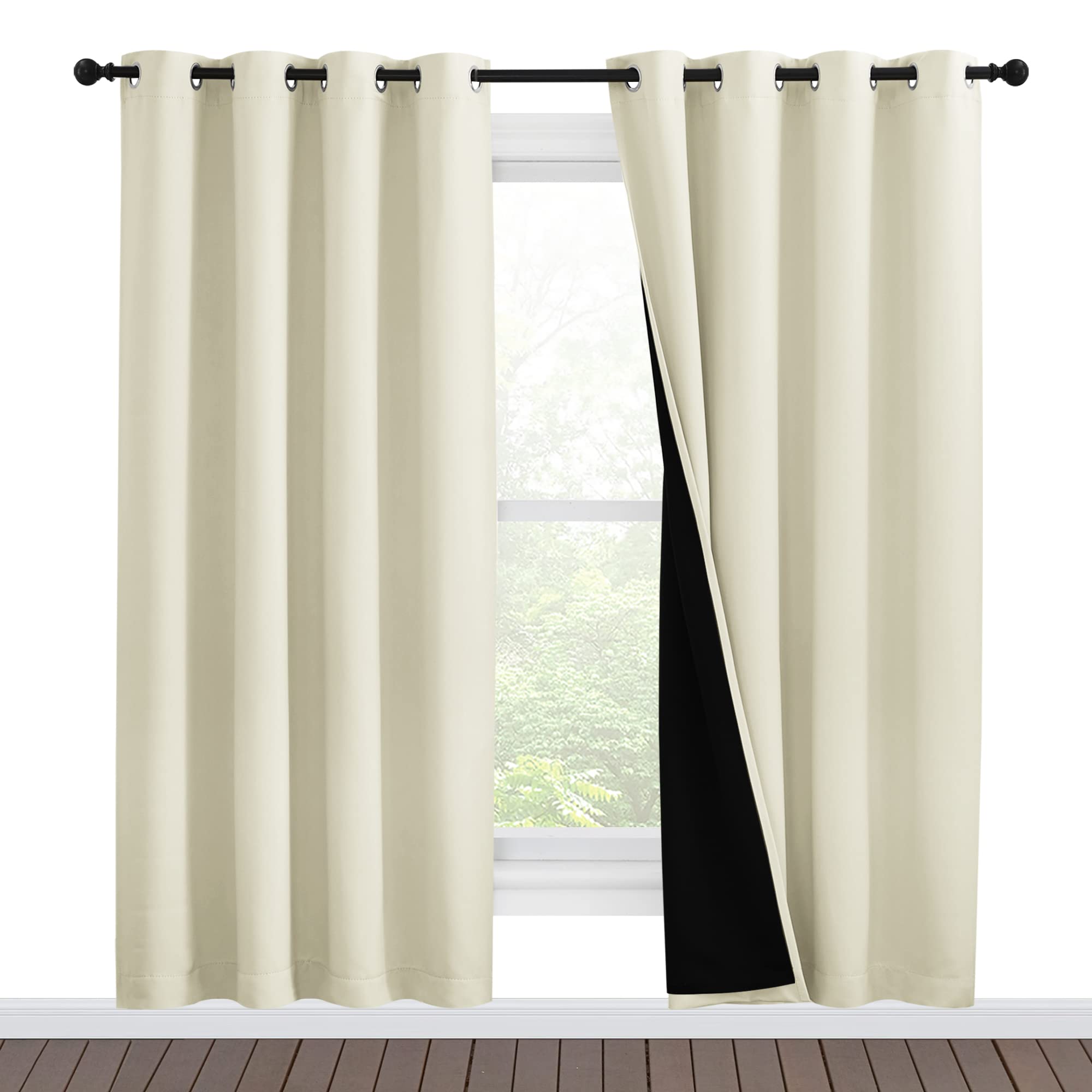NICETOWN Living Room Completely Shaded Draperies, Privacy Protection &amp; Noise Reducing Ring Top Drapes, Black Lined Insulated Window Treatment Curtain Panels (Beige, 2 Pieces, W55 x L78)