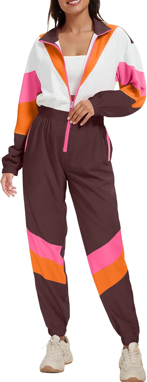 UOUA 80s Outfit for Women 90s Costume Jumpsuits Long Sleeves Windbreaker One Piece Party Tracksuit