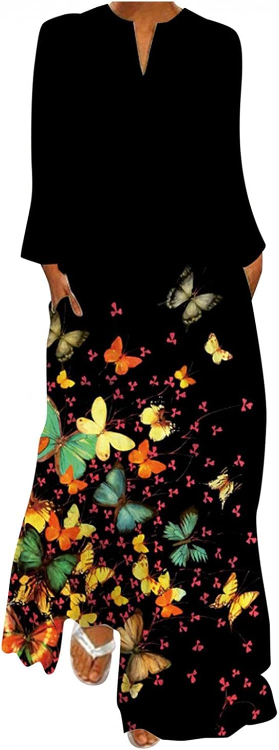 Dress レディース ワンピース 長袖 きれいめ Vネック ゆったり ロングワンピース 花柄 プリント マキシドレス セクシー 薄手 カクテルドレス 上品 エレガント イブニングドレス ファッション キャバ 結婚式 お呼ばれ 春 夏 秋 冬 数量限定セール