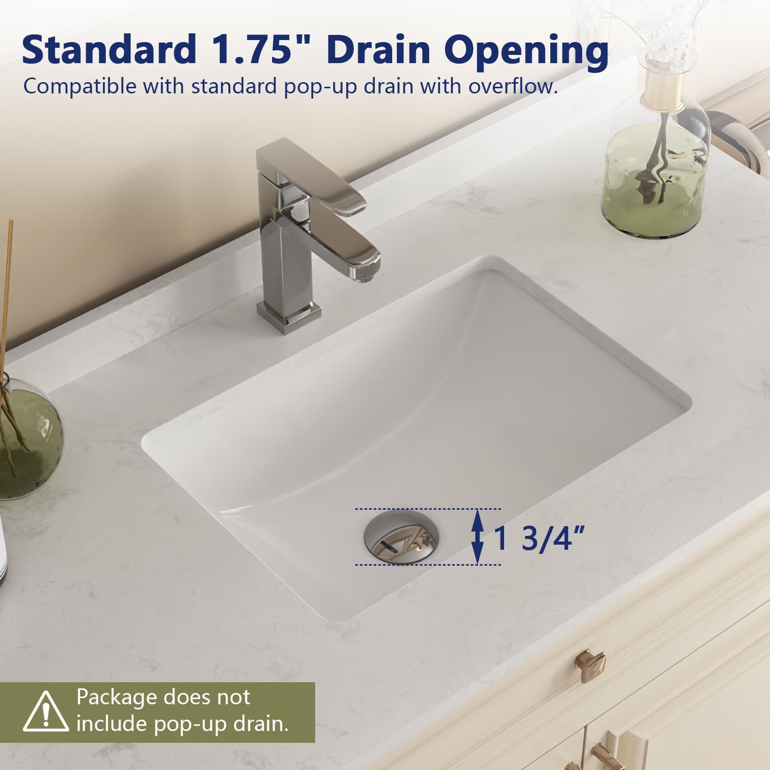 DeerValley 36 Inch Bathroom Vanity Top with Undermounted Rectangular Ceramic Sink & Backsplash, DV-1V0098 White Carrara Engineered Stone Vanity Sink Top, Single Pre-drilled Hole