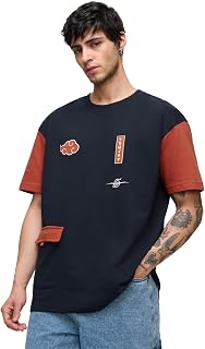 The Souled Store Naruto Shippuden: Uchiha's Pride Men and Boys Short Sleeves Round Neck Blue and Red Embroidered Cotton Ov... Price In India