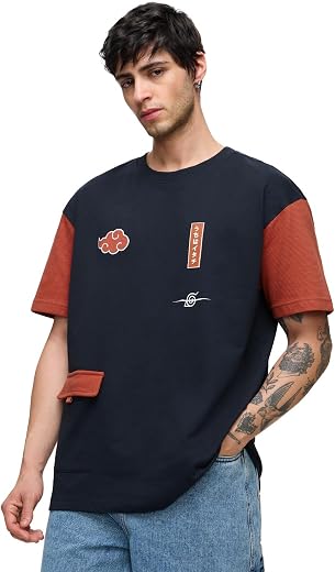 The Souled Store Naruto Shippuden: Uchiha's Pride Men and Boys Short Sleeves Round Neck Blue and Red Embroidered Cotton Ov...