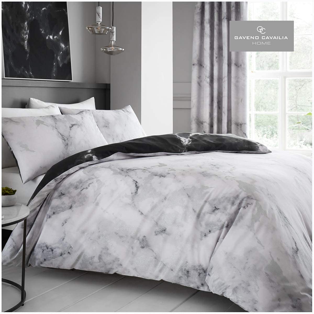 Gc Gaveno Cavailia Black/Grey Luxurious Marble Bed Set With Duvet Cover And Pillow Cases, Polyester-Cotton, White, King,