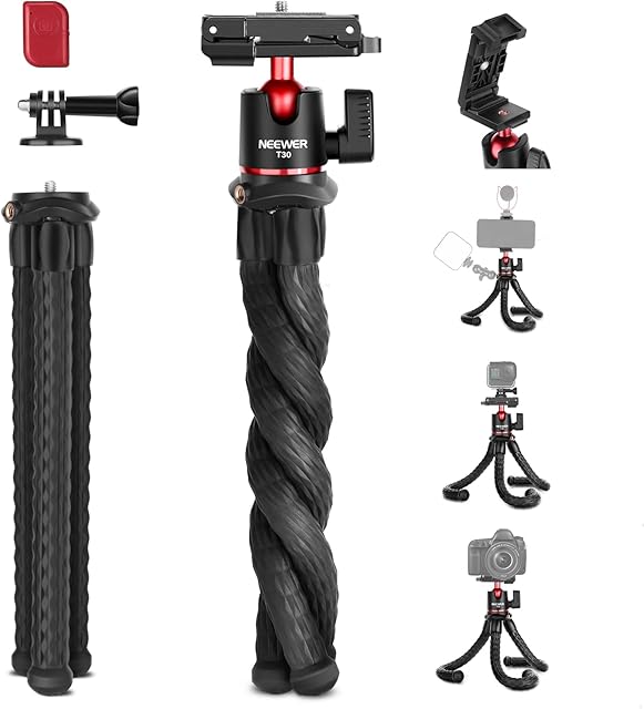 NEEWER Camera Flexible Tripod with Remote Shutter, Mount Adapter for Hero 11 10 9 8, Hidden Phone Holder with Cold Shoe, 1/4" Screw for Magic Arm, Bendable Vlogging Tripod, Load Up to 4.4lb - T30