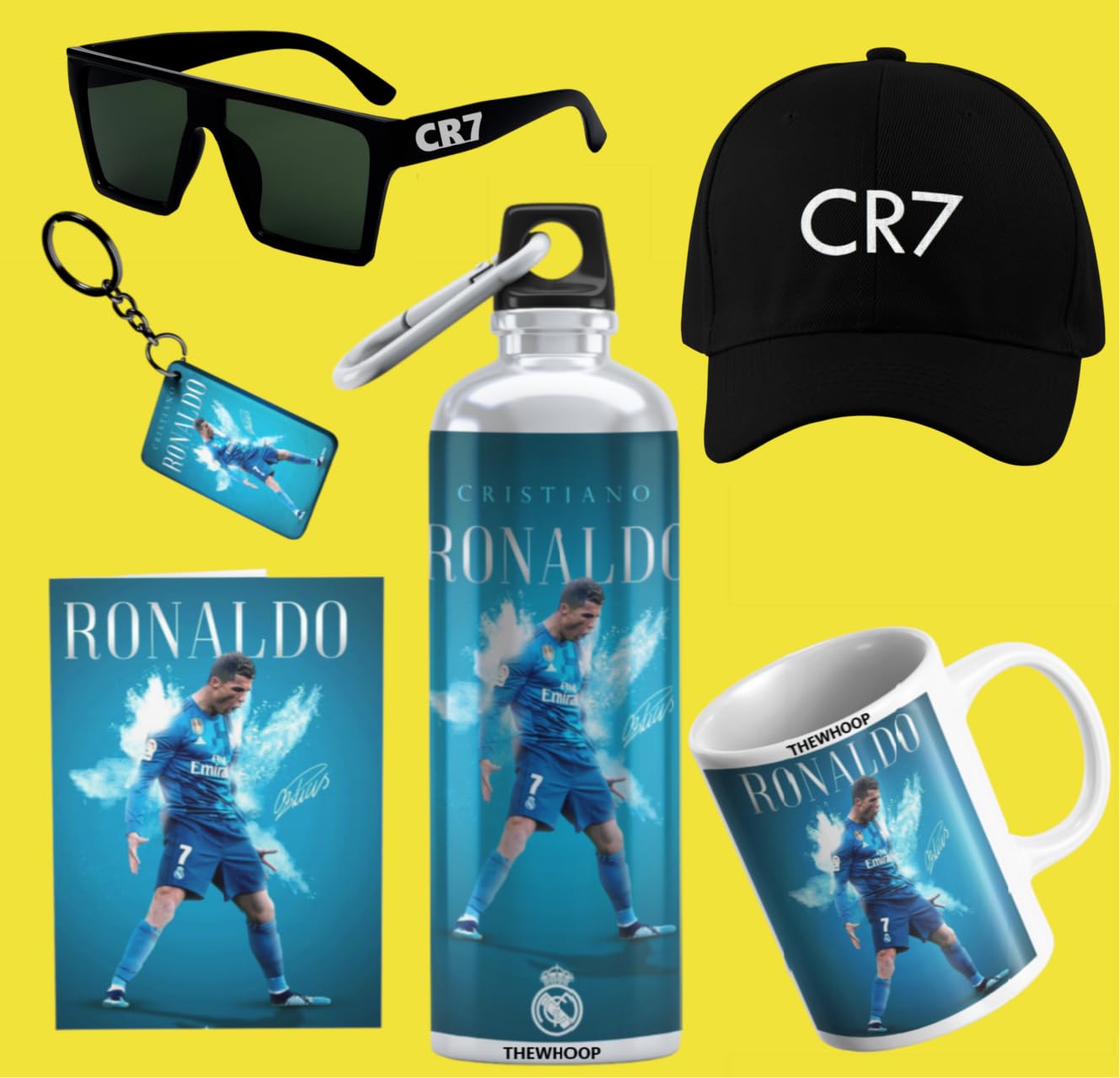 Printed Cristiano Ronaldo Gift Combo Pack of Mug (350ml), Sipper Bottle (750ml),Keychain,Sunglass,Cap, Greeting Card, Birthday Gift Set For Cristiano Ronaldo Fans (Pack of 6) (Green)