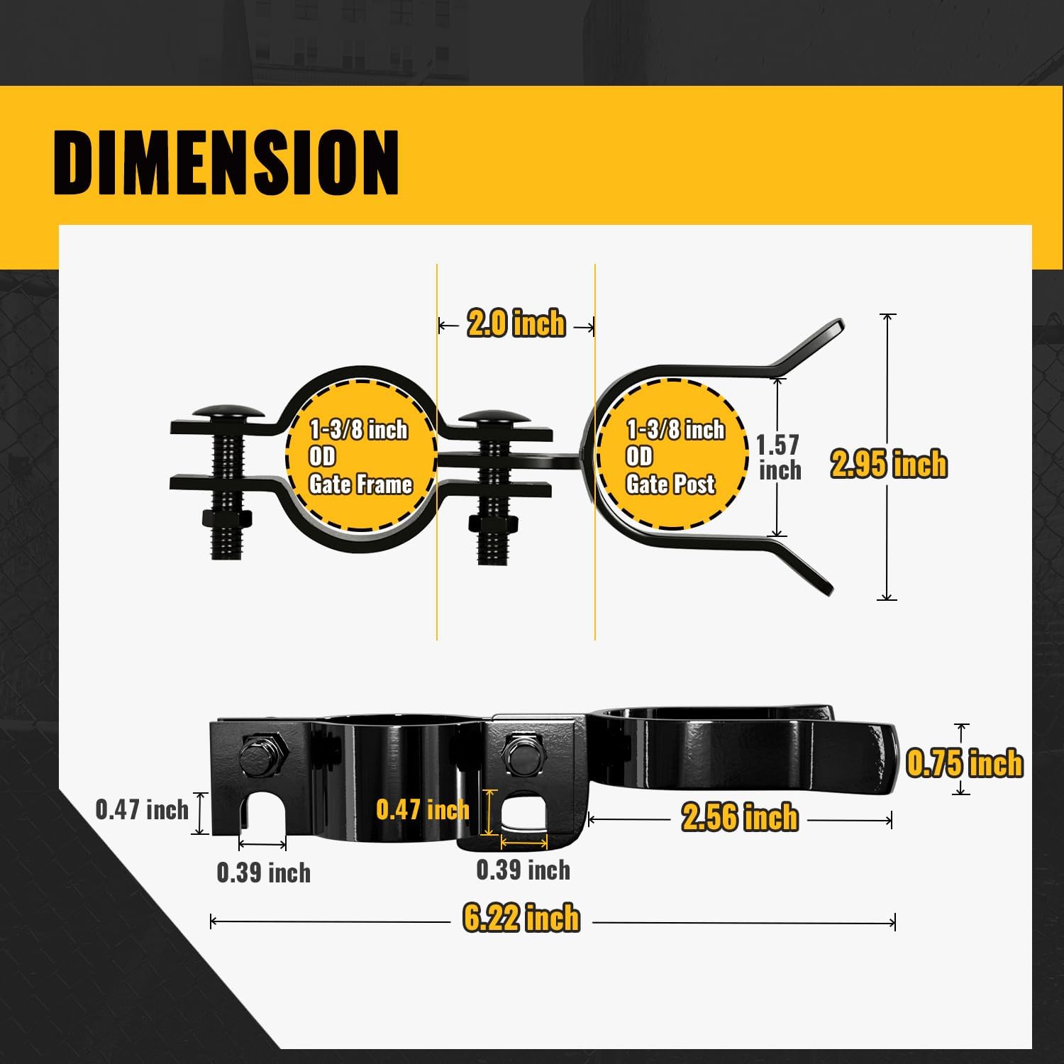 VIVIDA 1-3/8" x 1-3/8" Chain Link Fence Gate Latch, Black Gate Fork Latch with Padlock Hole, Black Powder Coated, Bolts & Nuts Included, 1 PCS