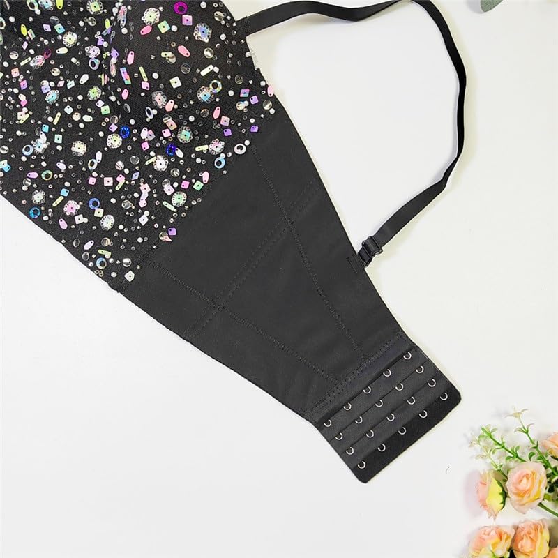 Reggiseno sexy da donna con cuciture in acciaio con ricamo in pizzo e paillettes top sottile per le donne, D, 5C