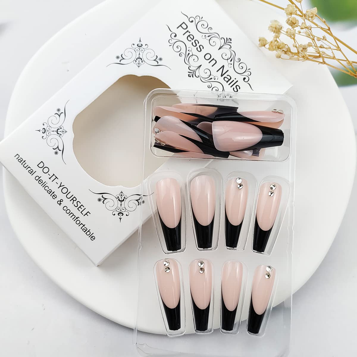 Uñas postizas largas a presión, estilo ataúd, francés, cobertura completa, bailarina, punk, uñas postizas acrílicas con diamantes de imitación para mujeres y niñas, 24 unidades