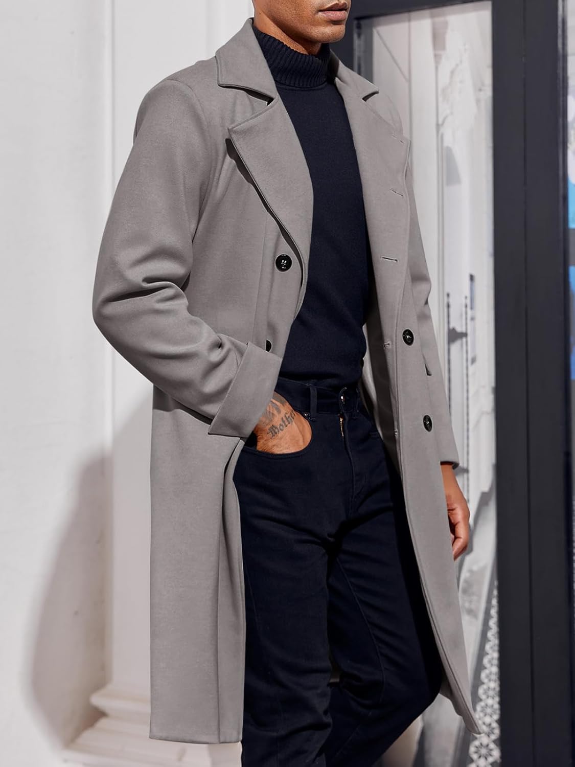 Ebifin Men's Notch Lapel Double Breasted Long Trench Coat Casual Cotton Blend Peacoat - Image 3