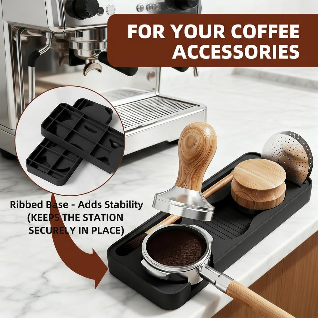 Espresso Tamping Mat, Silicone Coffee Tamper Mat for Countertop, Non-Slip Heat Resistant Portafilter Mat for Espresso Machine Accessories, Dishwasher Safe Tamp Station (9.45" x 3.7", Black)