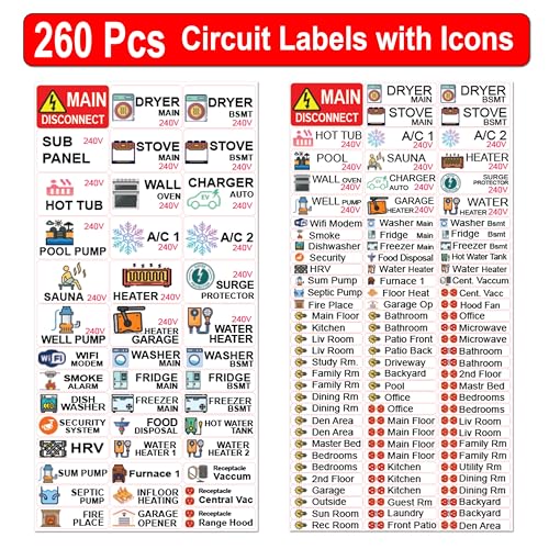 Littversions 260 Pcs Circuit Identification Labels Markers Stickers Decals with Icons