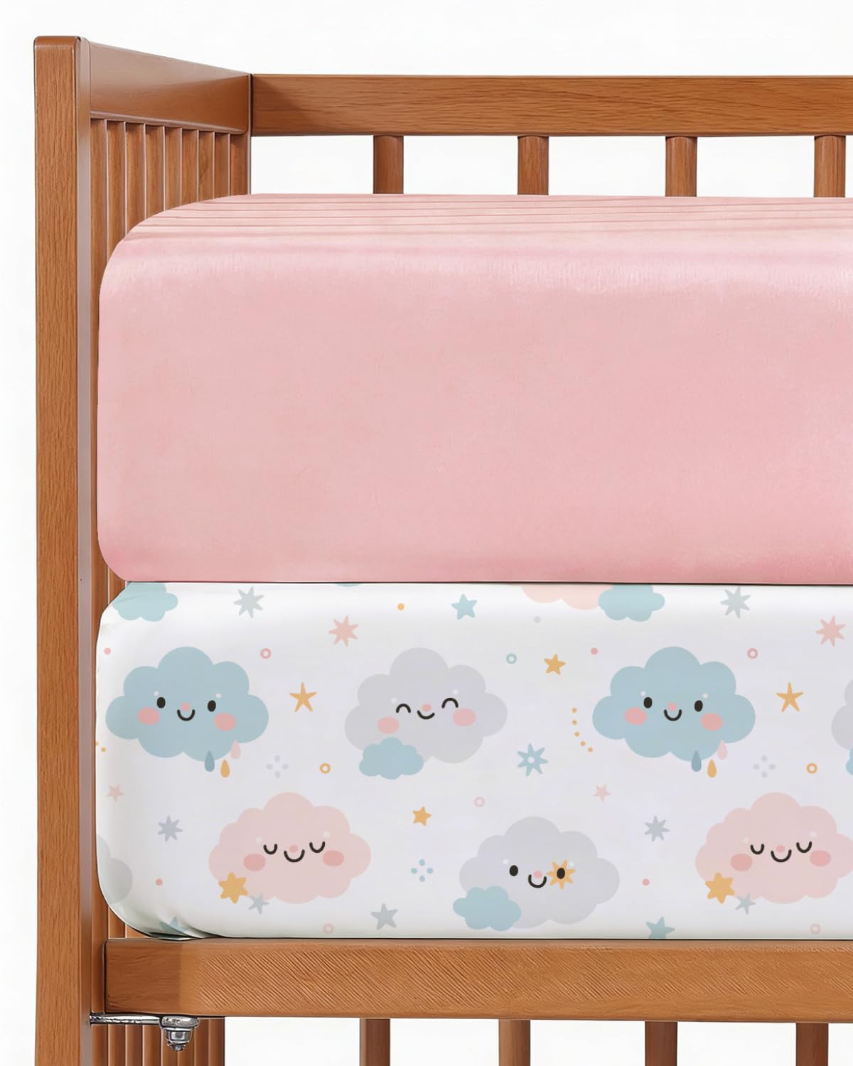2-Pack Mini Crib Sheets - Pack N Play Sheets - 38 x 24in, Happy Clouds