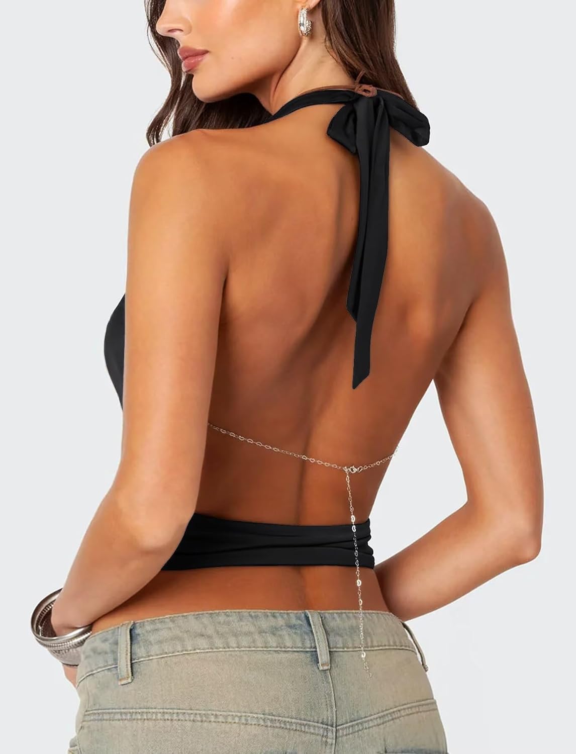 TZLDN Women's Cowl Neck Halter Sexy Going Out Tops Y2k Deep V Backless Cute Summer Crop Tops Tank Festival Club Outfits - Image 2