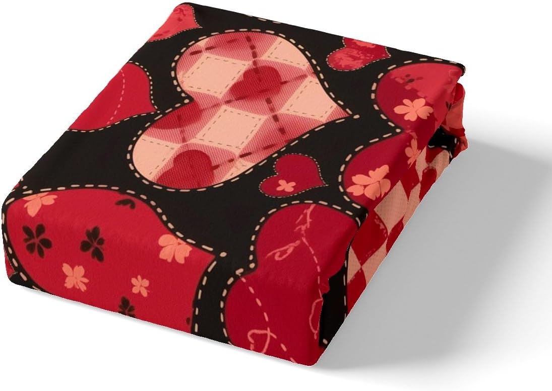 Red Heart Shape Duvet Cover Set Toddler Size,Valentine's Day Love Theme Reversible Quilt Cover for Kids Boys Girls Geometric Grid Checkered Black Bedding Set with 1 Pillowcase,No Comforter
