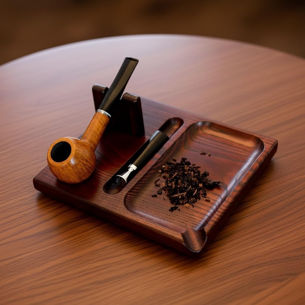 Wooden Tobacco Pipe Stand with Tobacco Mixing Tray and Tamper Slot, Single Pipe Holder