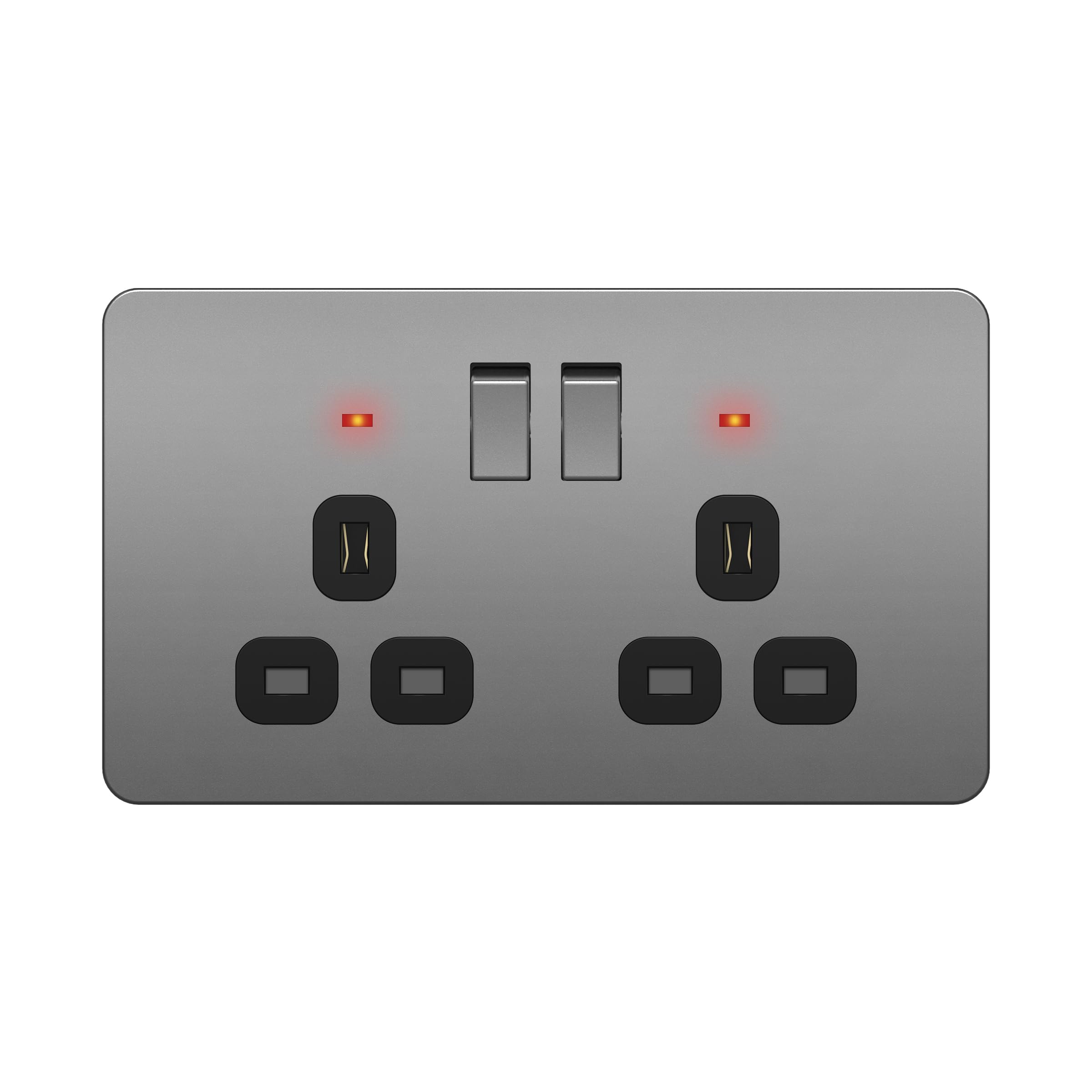 LIDER 2-Gang Switched 13A Socket with LED Power Indicators, Double-Pole Plug Socket with Child-Proof Shutters, Screwless Plastic Plate Cover, UKCA Certified, Thermoplastic, Space Gray