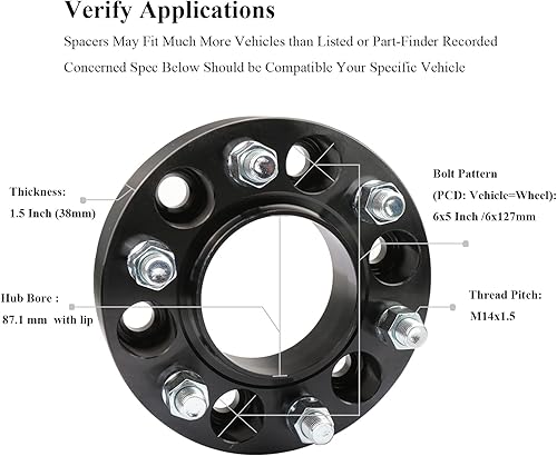 Miniatura 2 de Paquete de 4 espaciadores de rueda centrados de 1.5 pulgadas de 14 x 1.5 pernos, patrón de pernos de 0.236 x 5.315 in, orificio de buje de 3.429 in,