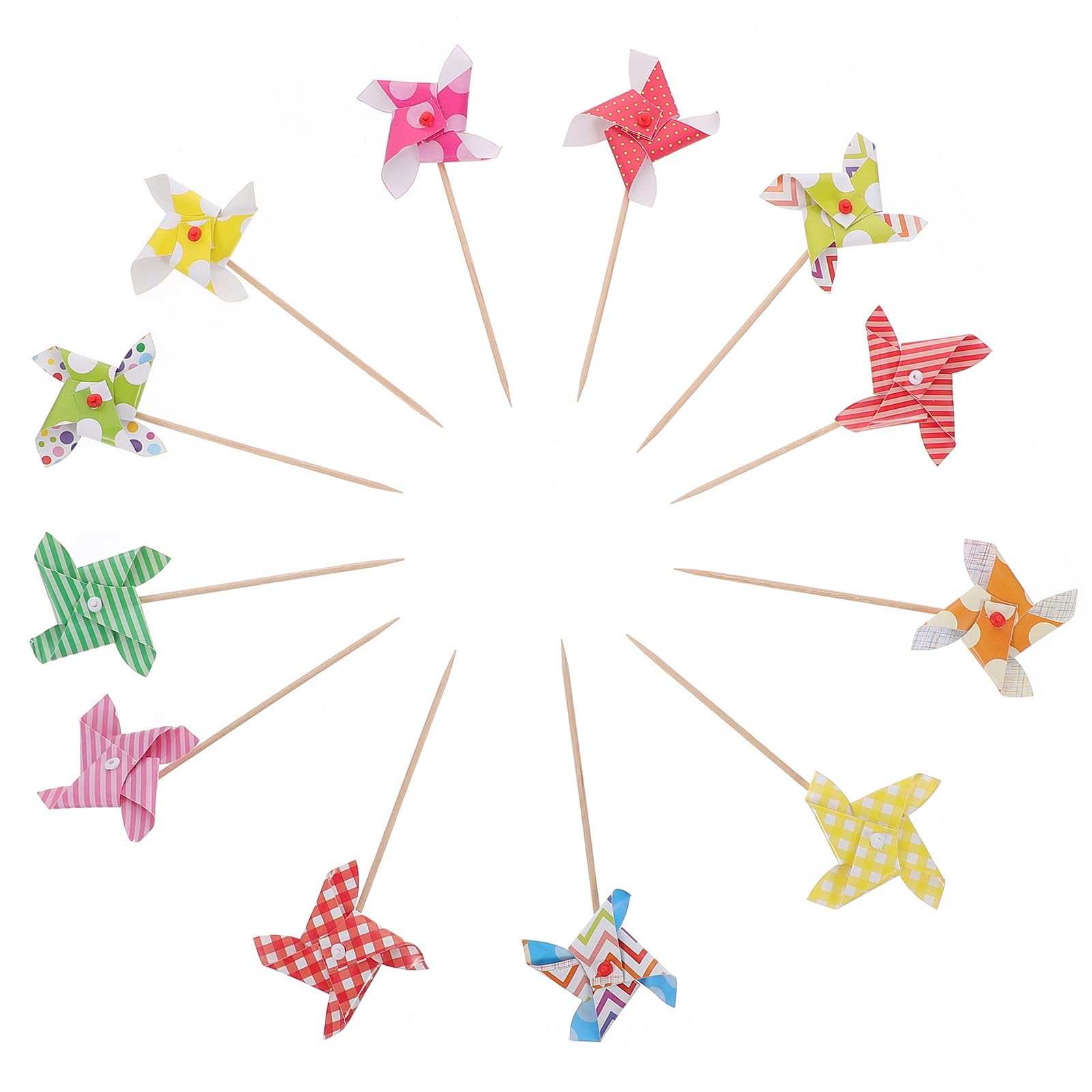 DOITOOL Windmill Cupcake Topper 24Pcs Mini Pinwheel Cake Picks for Birthday Party and Photography Props Non-Edible Cake Decoration