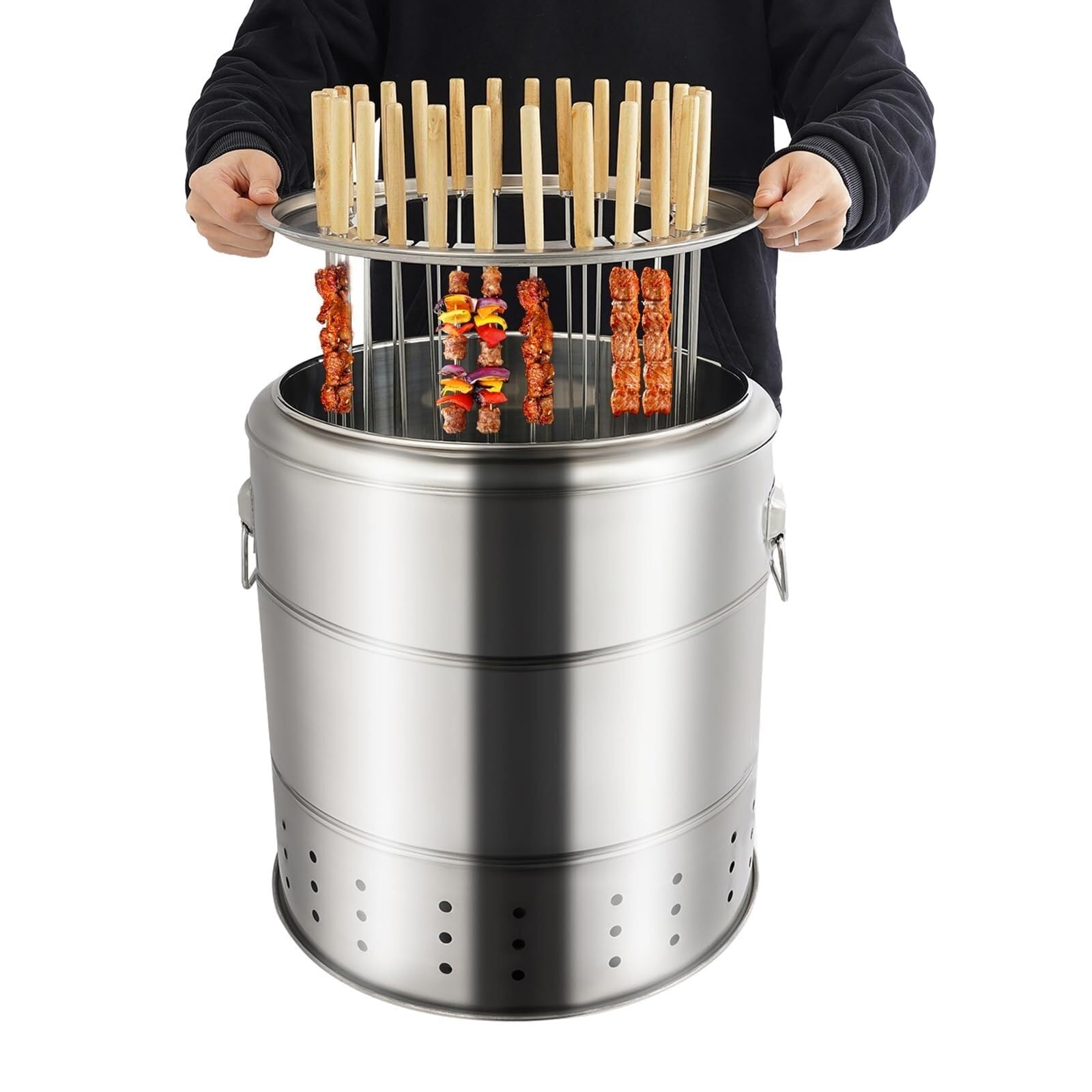 Griglia portatile a carbone in acciaio inossidabile senza fumo Affumicatore verticale a 360° for 6-10 persone barbecue all'aperto campeggio