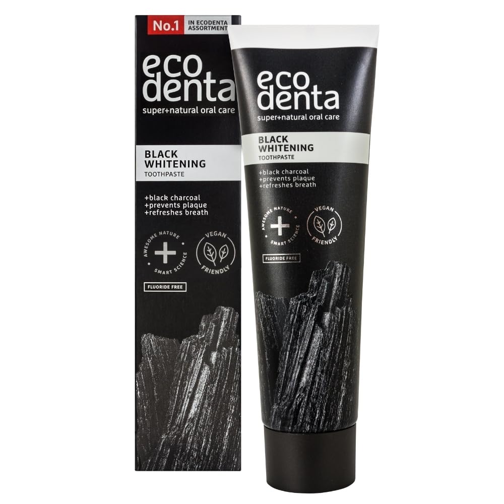 Ecodenta Charcoal Toothpaste, Teeth Whitening Toothpaste I Naturally Whitens Teeth and Removes Plaque I Black Natural Toothpaste Fluoride Free, 100ml