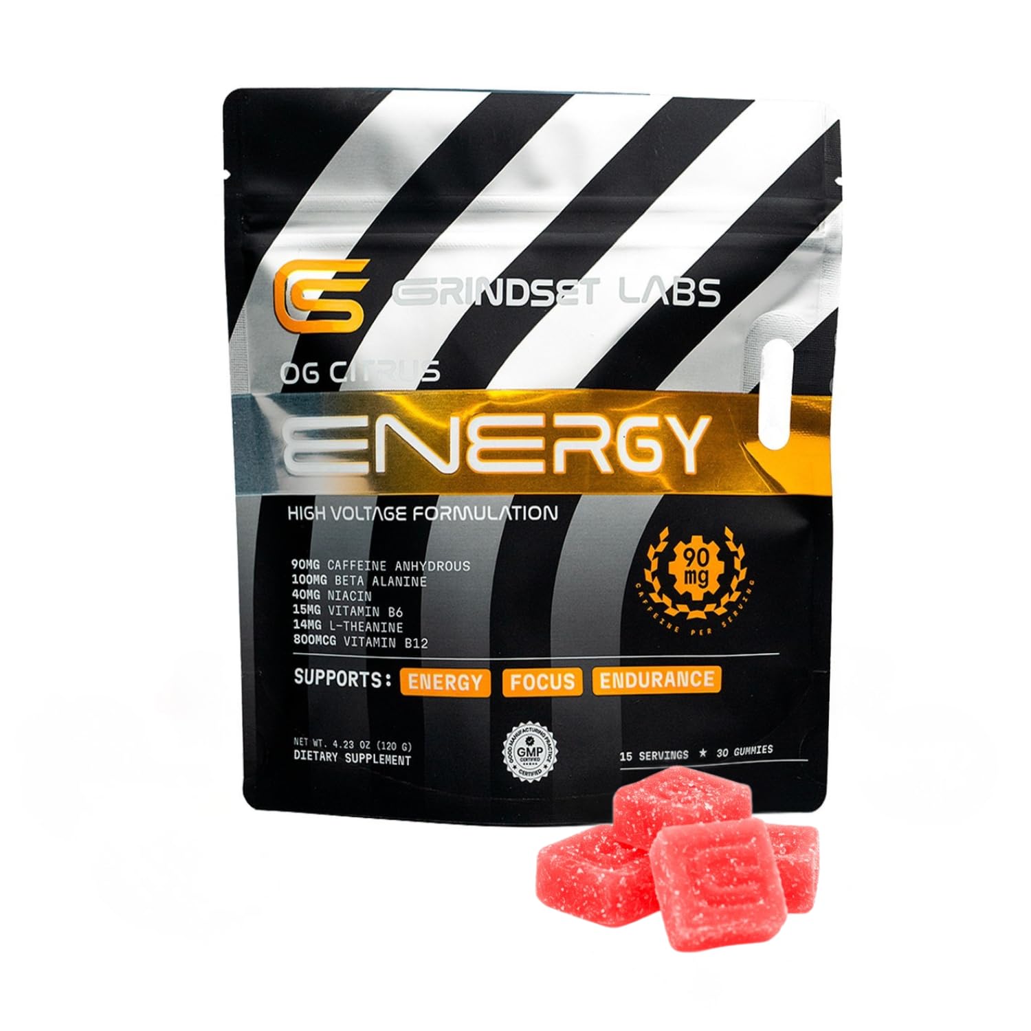 GRINDSET LABS Suplemento para energia com cafeína anidra, beta-alanina, L-teanina e vitaminas B6 e B12, 90 mg, 30 gomas