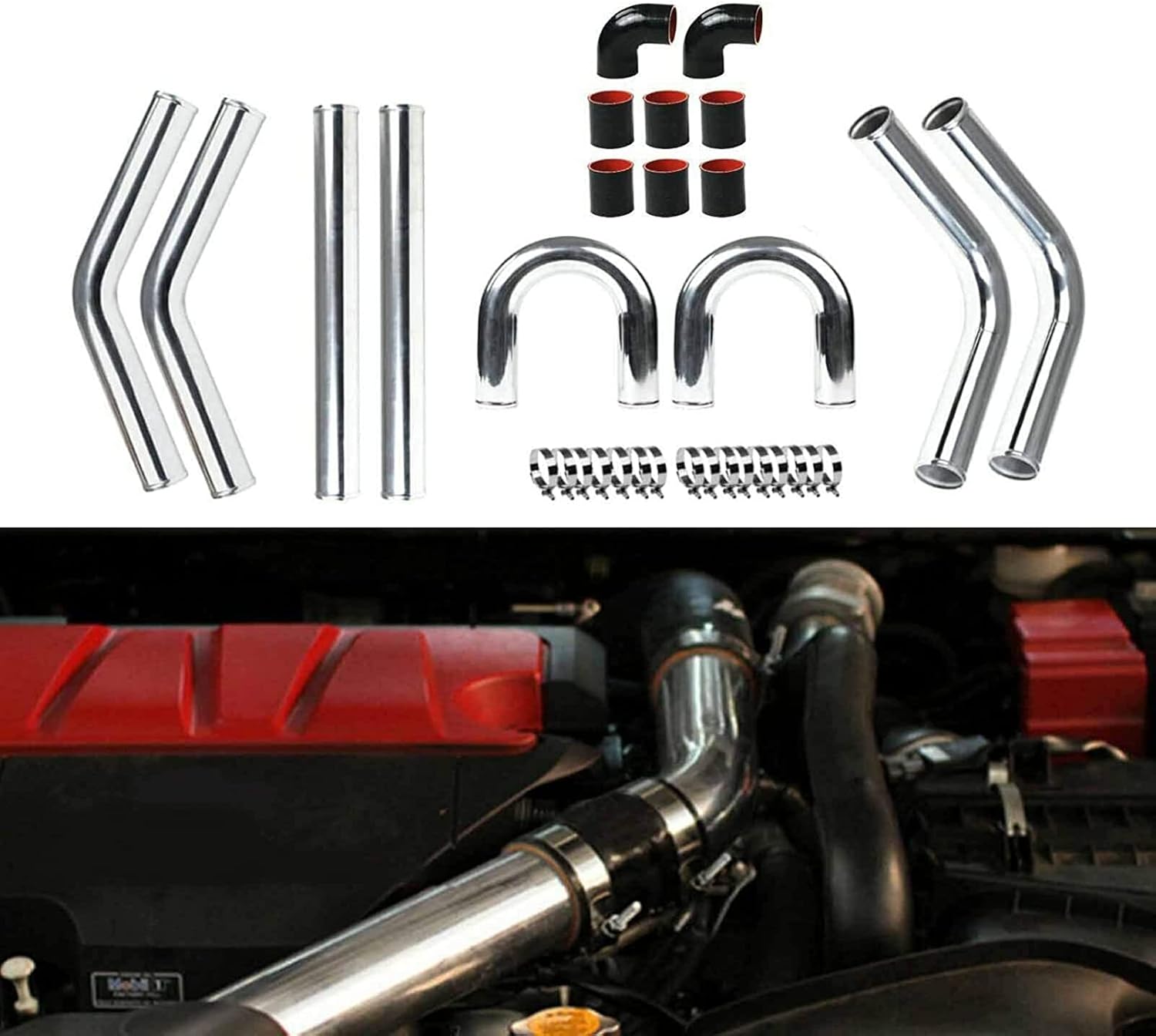 Universal Turbo Intercooler Aluminum Pipe Piping and Silicone Hose Kit w/Stainless Steel T-Clamps(3inch,Black&Red)