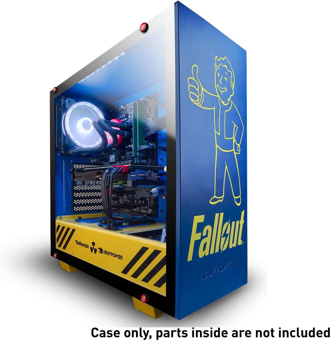 iBUYPOWER Special Edition Fallout ATX Mid-Tower PC Gaming Case - Tempered Glass Panel - Case Only - Nuka Cola Liquid Cooler & Vault Boy Bobble Head Included - Blue/Yellow